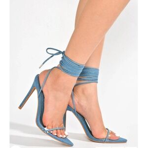 Cape Robbin Moroni Denim Lace Up Rhinestone Pointed Toe Stiletto Heels Blue 6.5